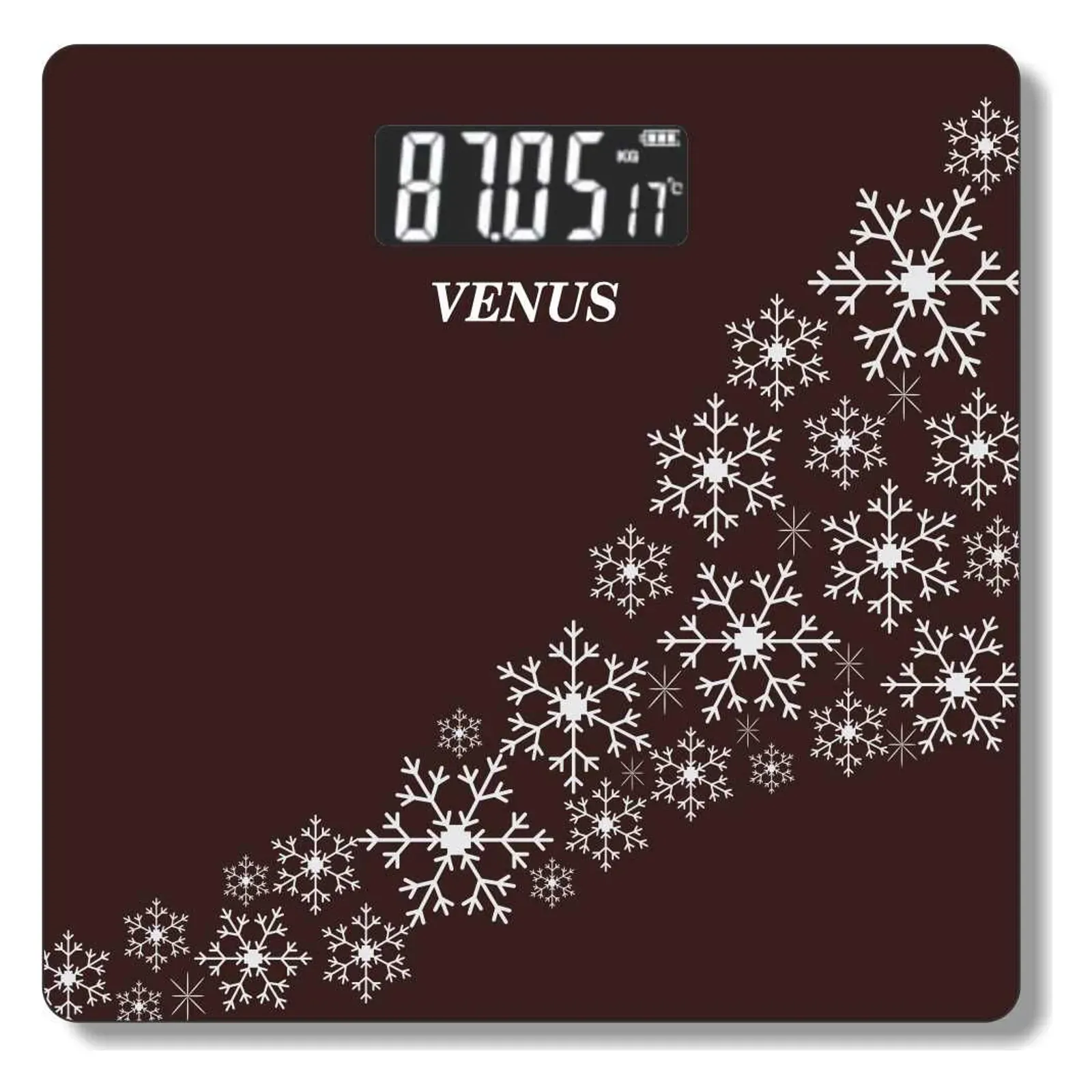 Venus EPS-379 wide platform weighing scale, front view, snowflake print on maroon glass