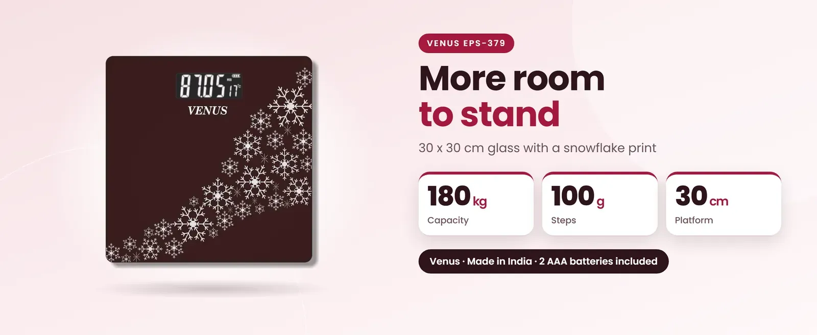 Venus EPS-379 wide platform weighing scale: 30 x 30 cm glass with a snowflake print