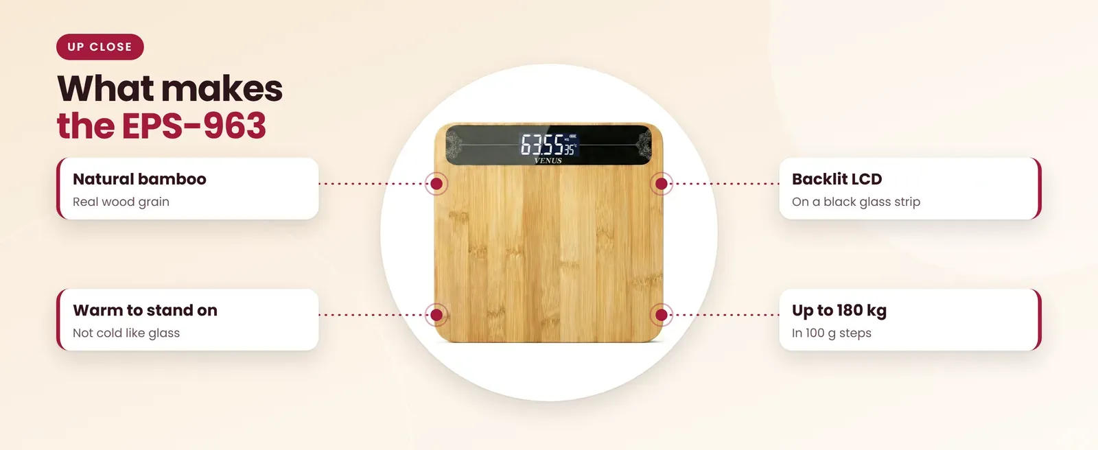 Venus EPS-963 wooden weighing scale: natural bamboo, warm to stand on, backlit lcd, up to 180 kg