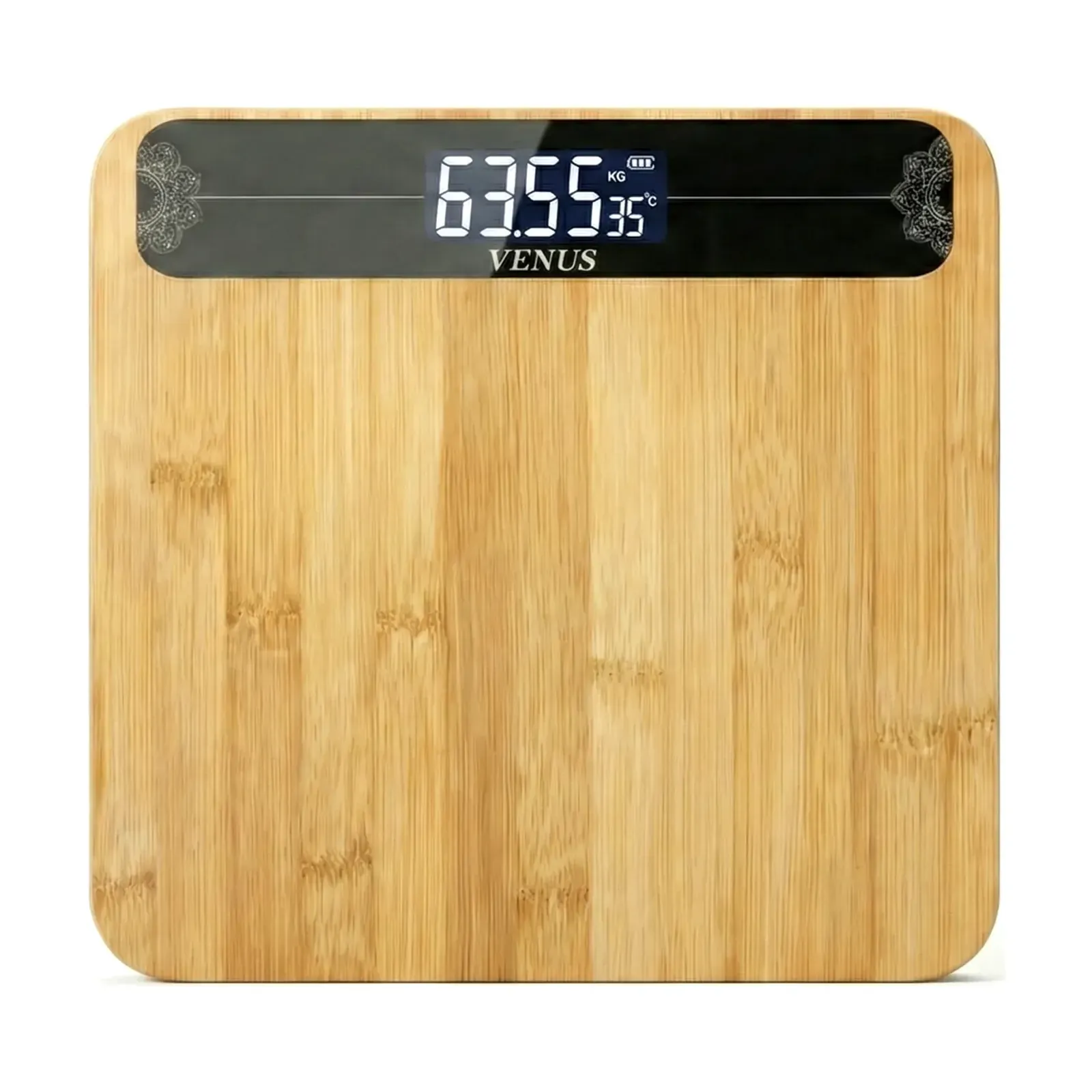Front view of the bamboo top Venus EPS-963 wooden weighing scale, front view of the bamboo top
