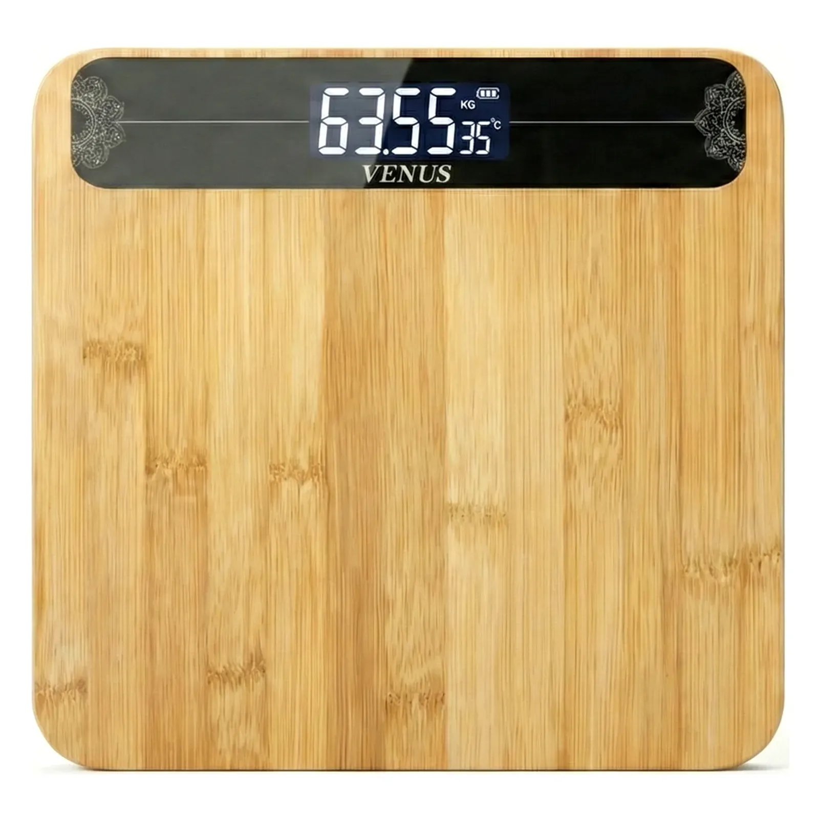 Venus EPS-963 wooden weighing scale, front view of the bamboo top