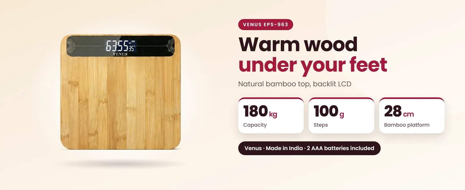 Venus EPS-963 wooden weighing scale: Natural bamboo top, backlit LCD
